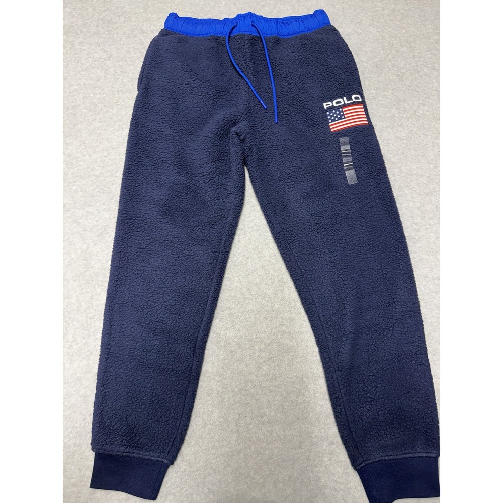 Polo Ralph Lauren Sweatpants Mens M Blue Flag Fleece Joggers USA Sherpa